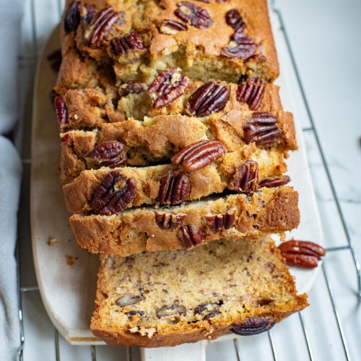 Sliced banana bread from overhead.