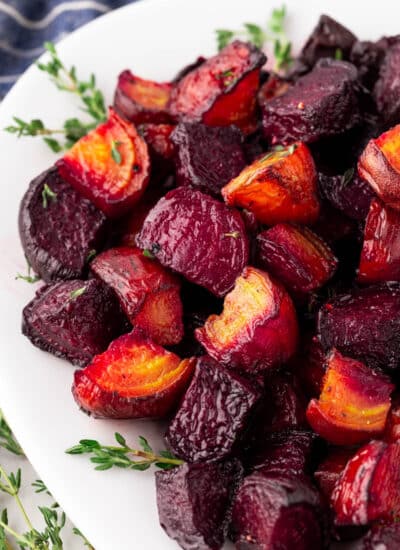 Roasted Beets on a white platter.
