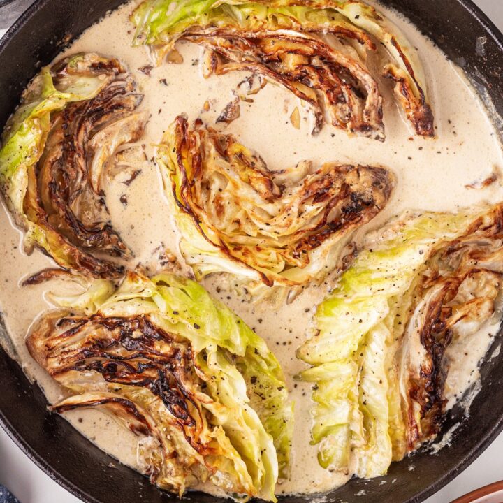 Overhead picture of creamed cabbage in a pan.