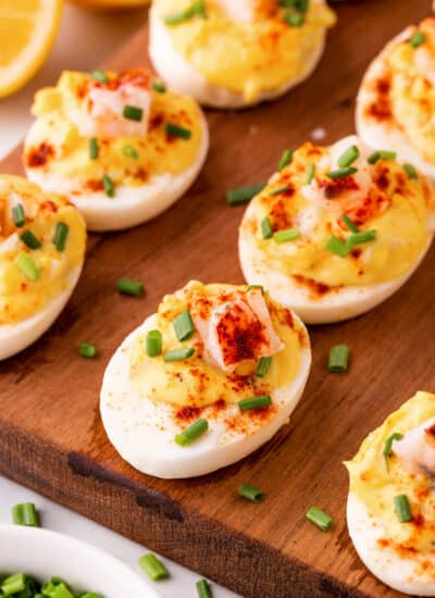 Lobster Deviled Eggs on a board.