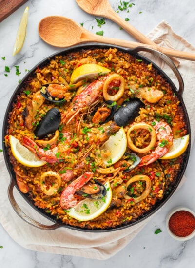 Overhead shot of Seafood Paella.