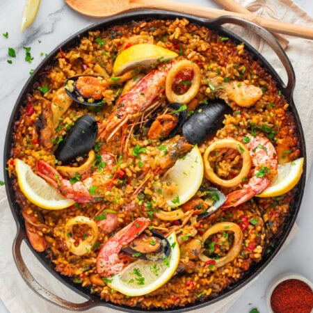 Overhead shot of Seafood Paella.