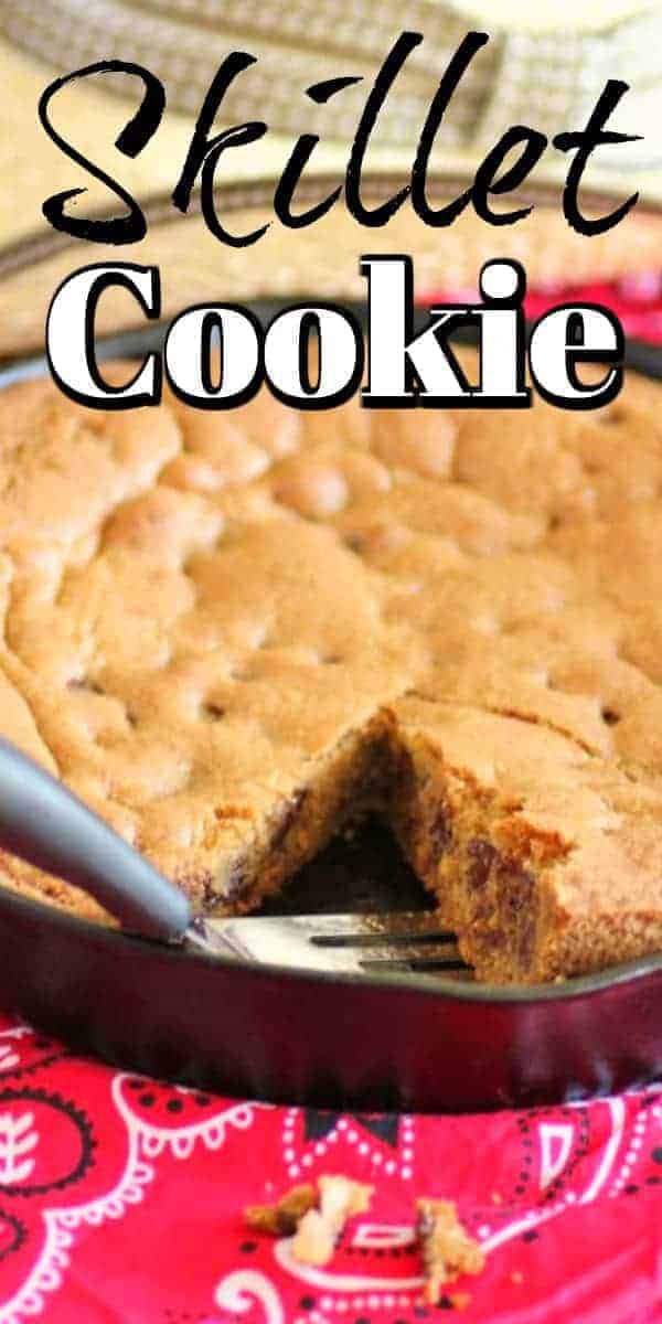 This Skillet Cookie is a giant chocolate chip cookie that is easy to make and slices up easily. Much faster making one cookie than dozens!! #skilletcookie #chocolatechip