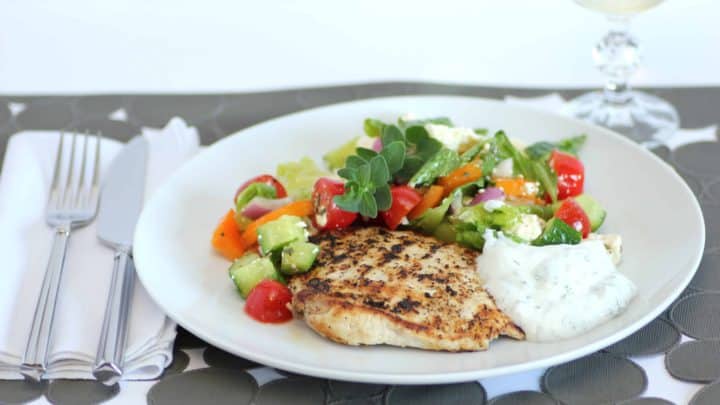 Grilled Lemon Pepper Chicken With A Yogurt Dill Sauce And A Greek Salad