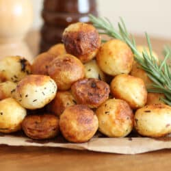 Square photos of Parisienne potatoes with a sprig of rosemary.