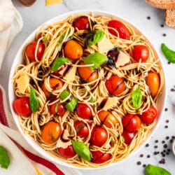 Fresh tomato pasta in a serving bowl.