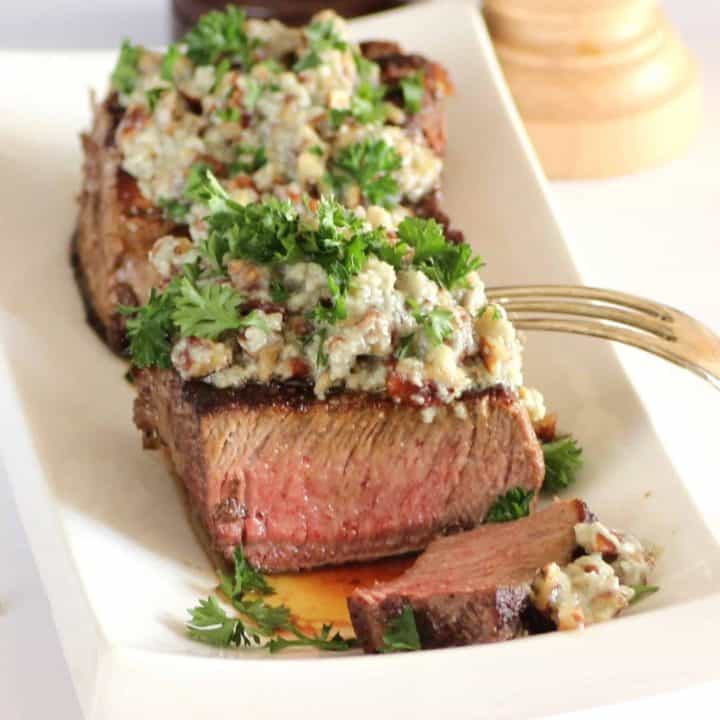 Beef Tenderloin with Stilton Pecan Butter for Dishes in 5 Ingredients or less #SundaySupper