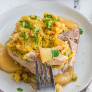 4 Ingredient Oven Baked Pork Chops on a plate with a forkful