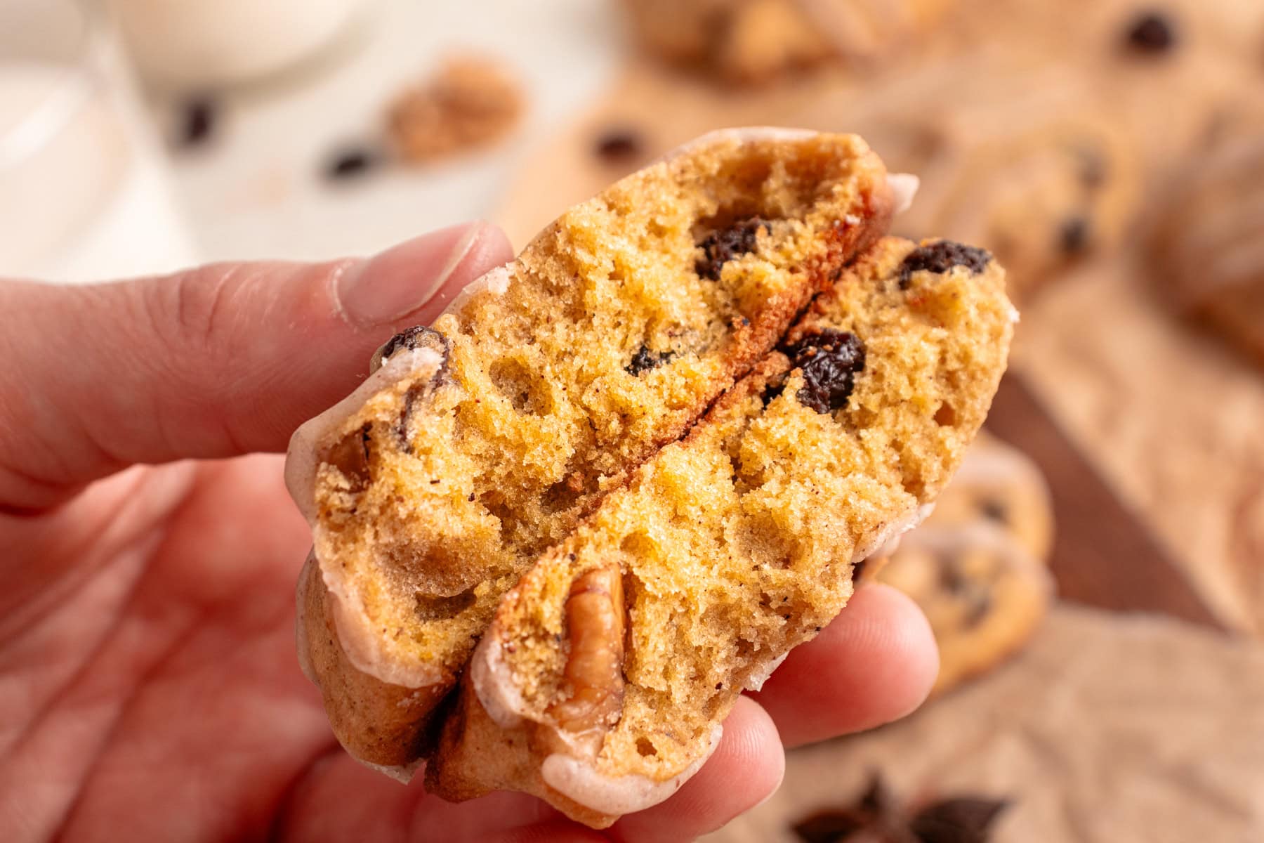 Showing the interior of a pumpkin cookie.