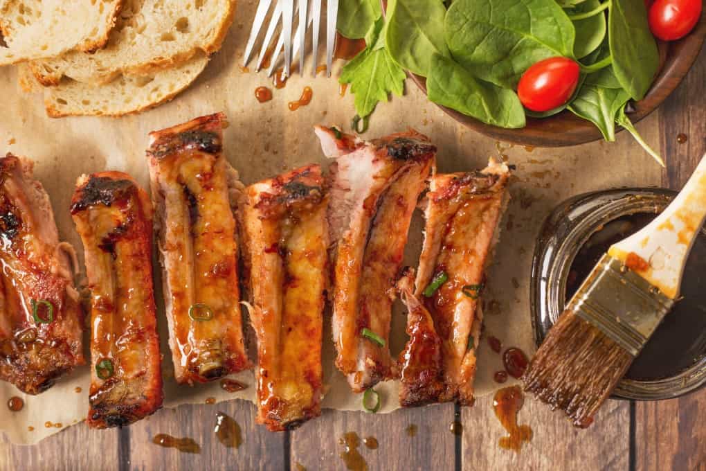 Overhead shot of ribs cut up with grill glaze