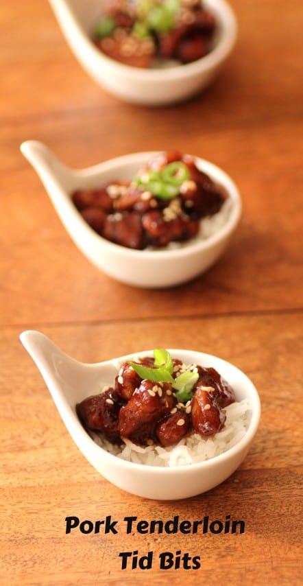 Pork Tenderlin Tid Bits over rice in a small white individual serving bowl