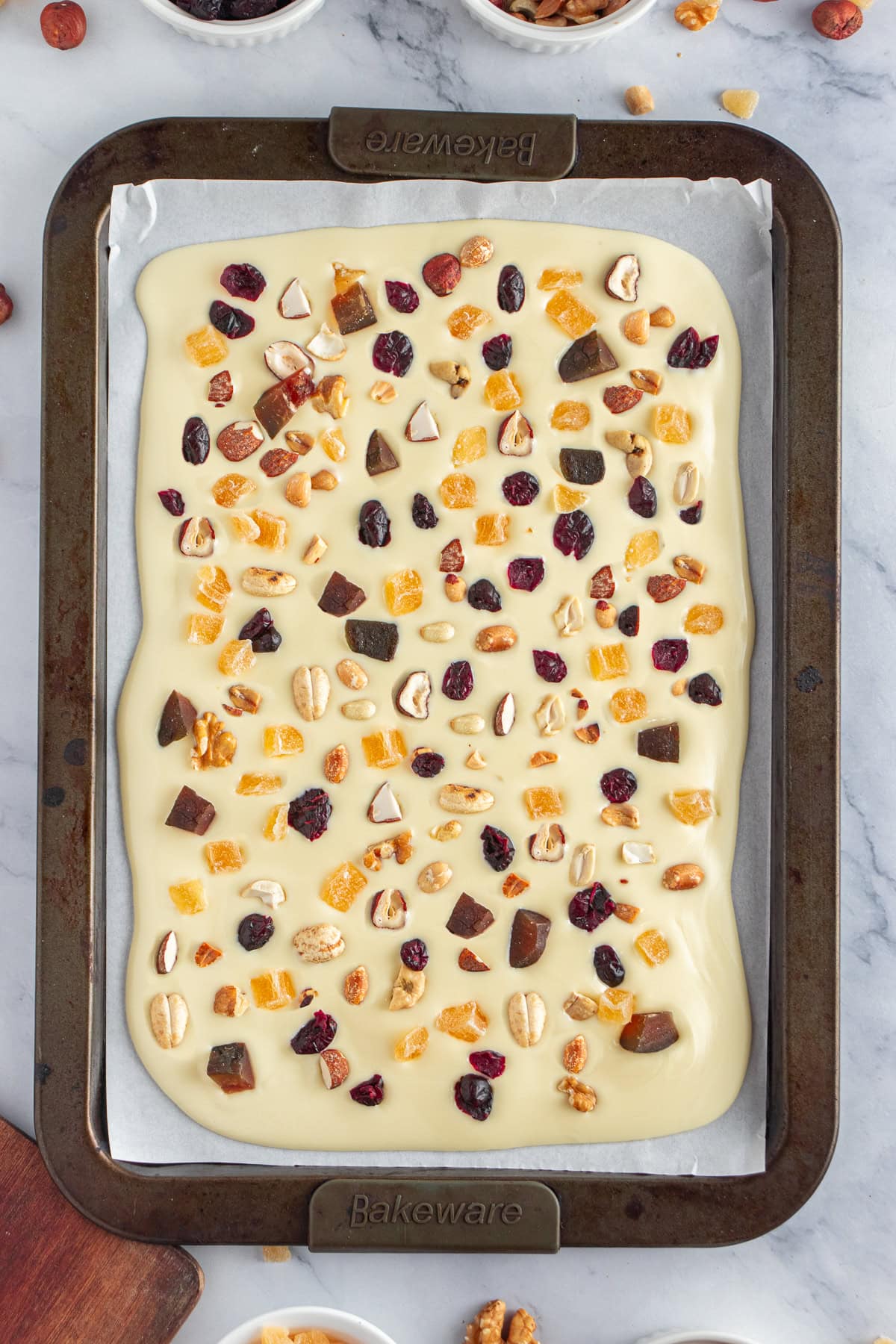 Toppings added to the chocolate bark.