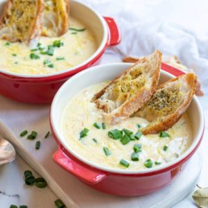 Bowls of Beer Cheese Soup with Garlic Toast