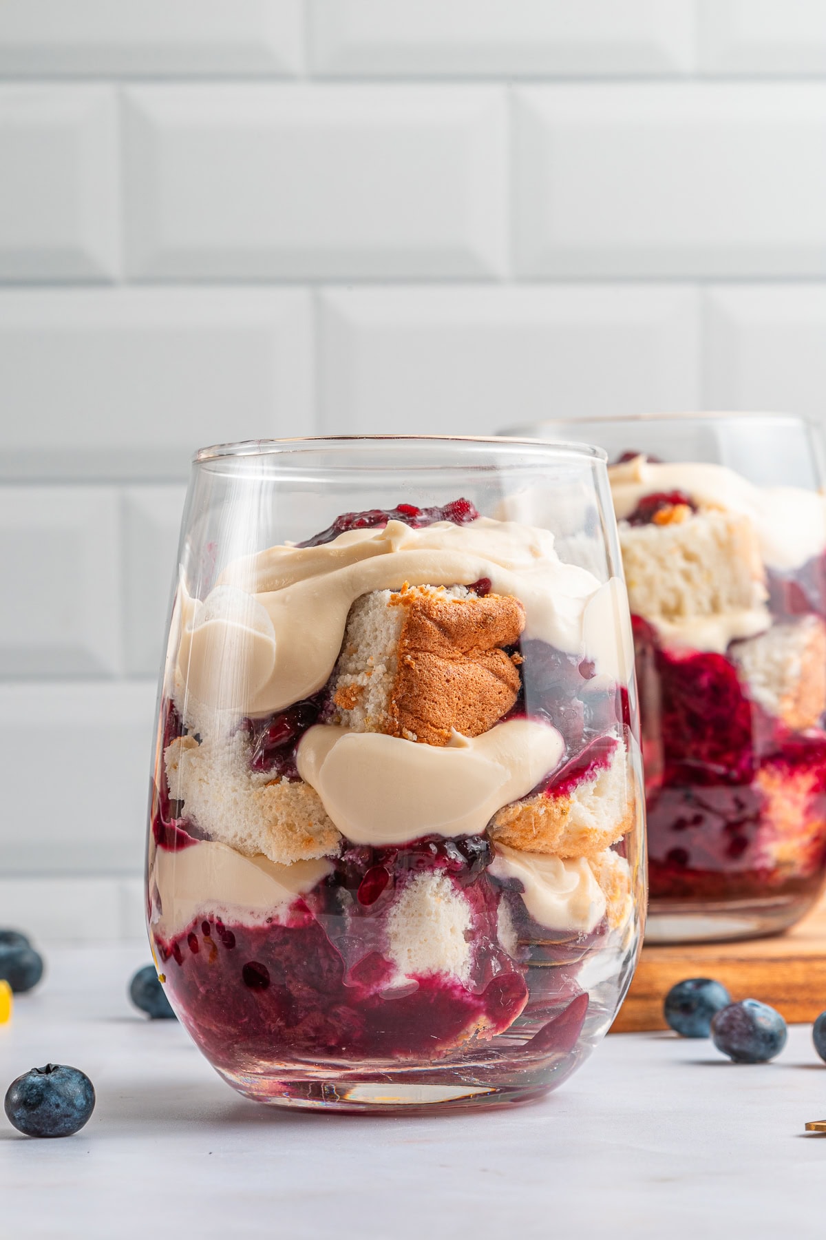 This Blueberry Angel Food Cake Trifle is a masterpiece for the summer, celebrating not only blueberries but also peaches and the flavor of lemon too. It is a winner that you will want to make again. Finished layering.