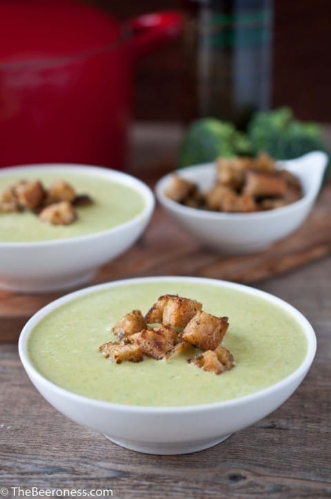 Green Beer Cheese Soup with Pesto Croutons