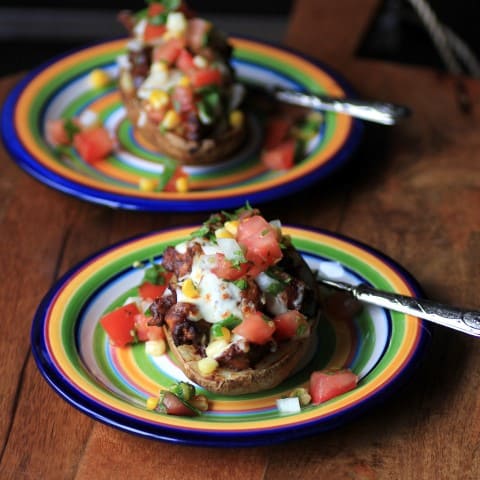 Chicken Mole Potato Skins on a rainbow colored plate with a fork