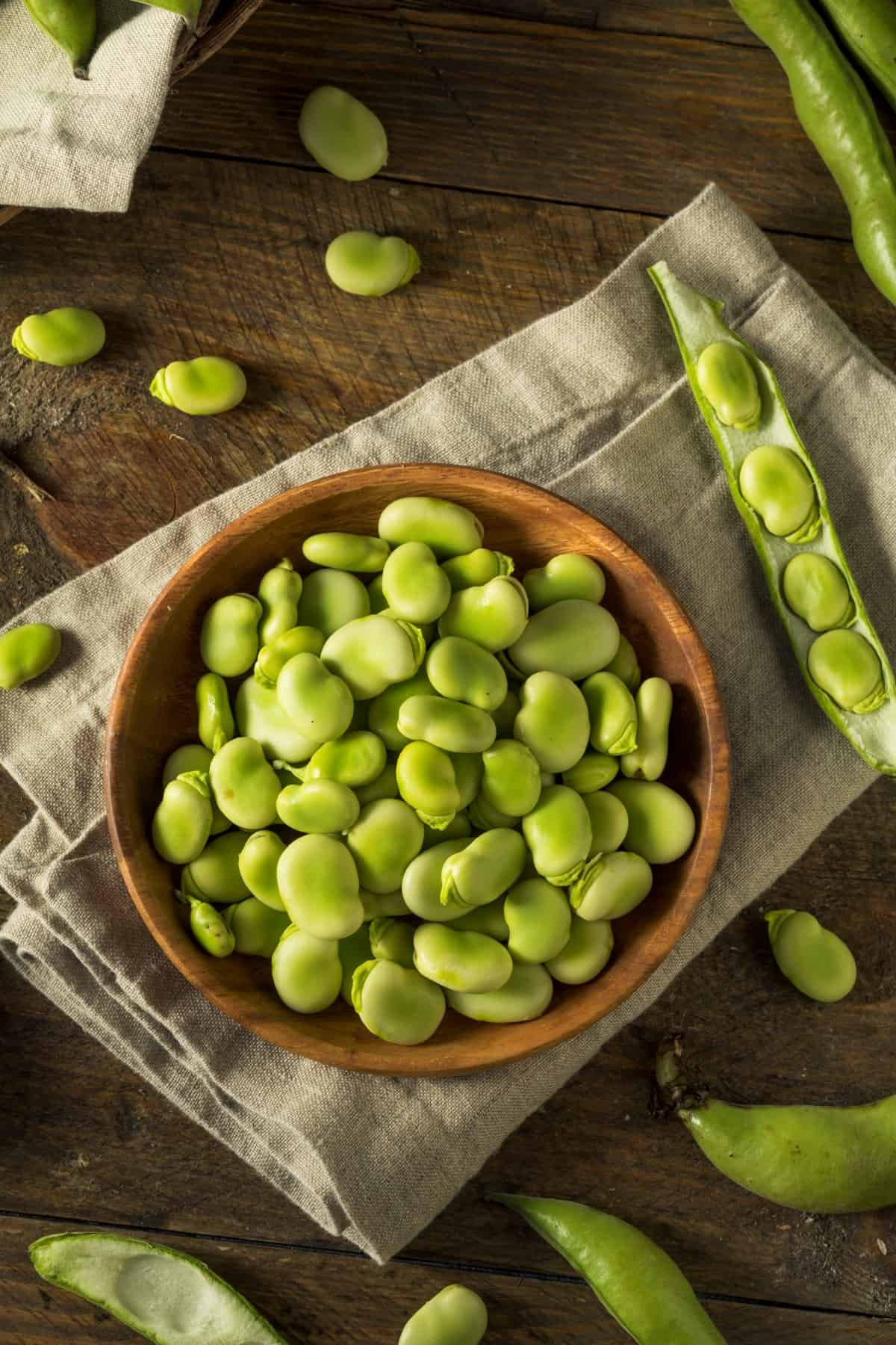 Raw Organic Fresh Green Fava Beans in a small brown bowl