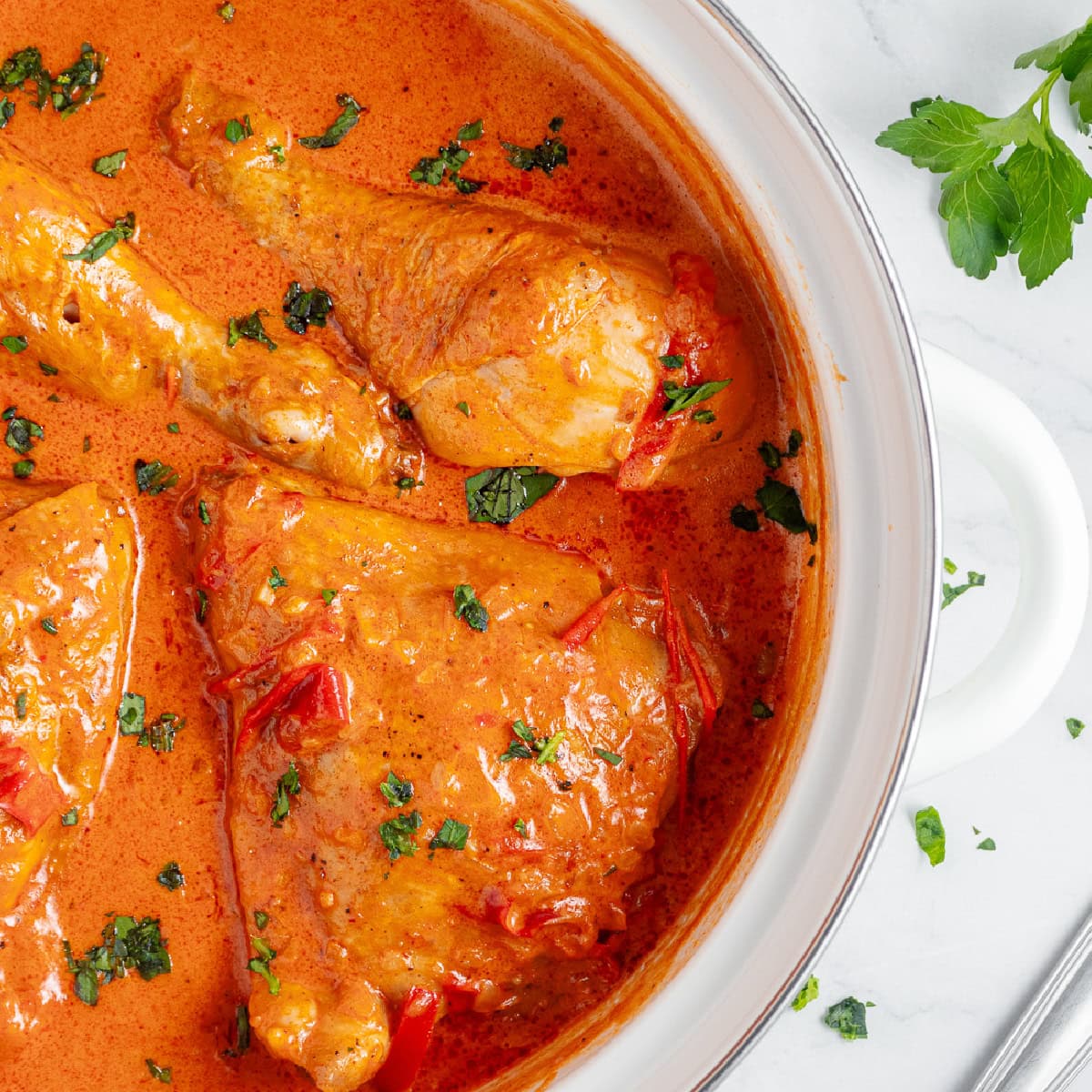 Overhead shot of Chicken Paprikash in a pan.