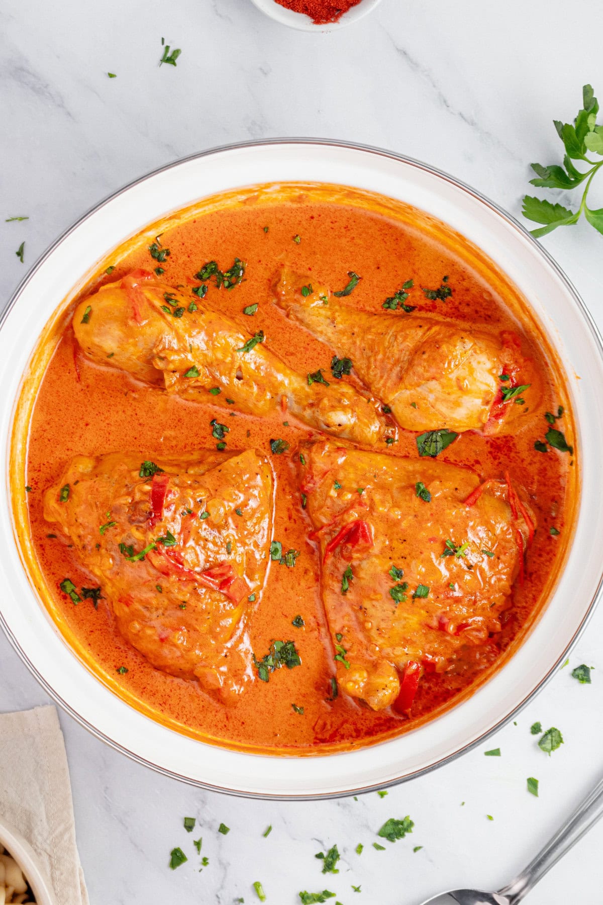 Chicken paprikash before serving.