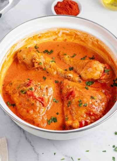 Chicken Paprikash in a pot.