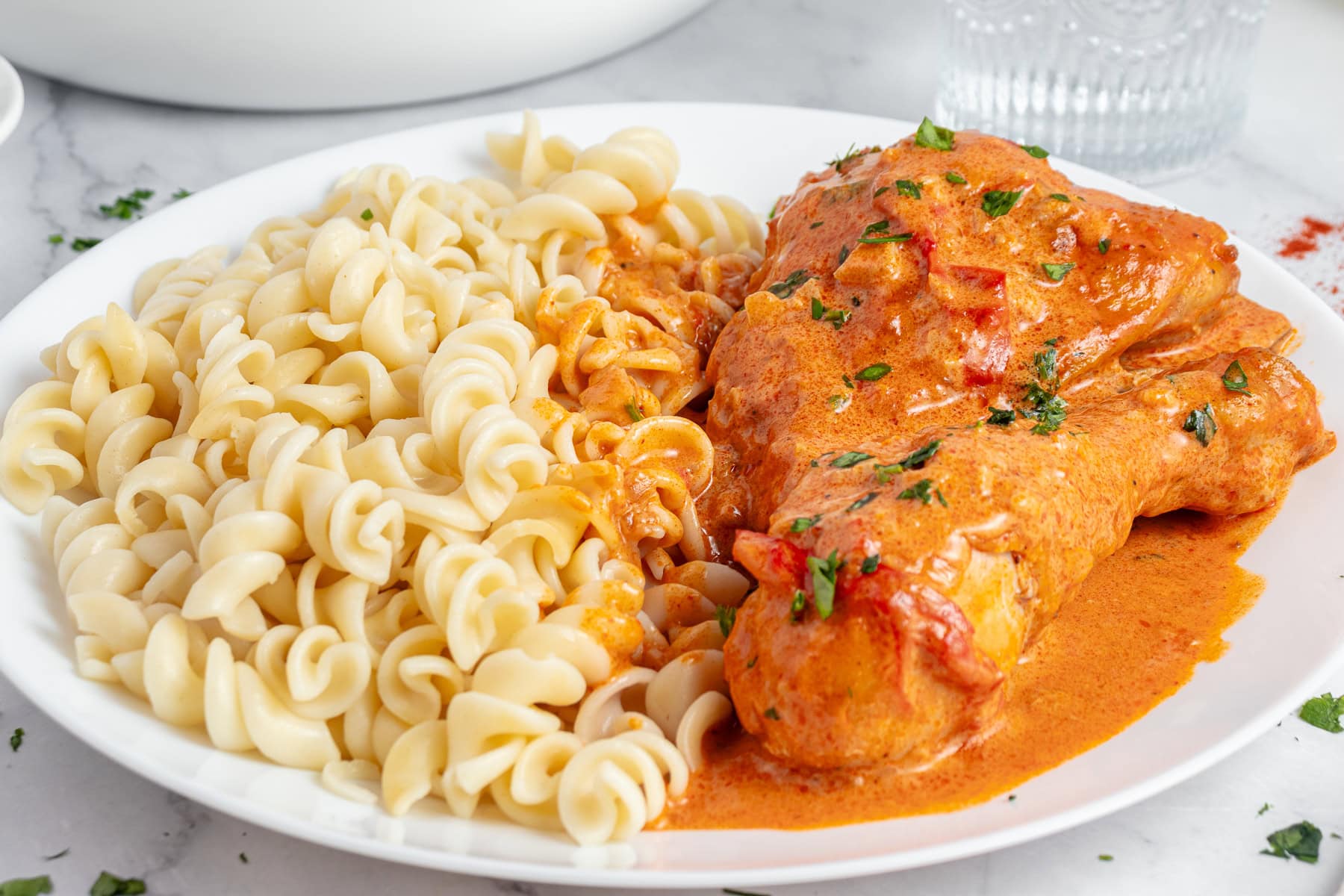 Chicken paprikash served with egg noodles.