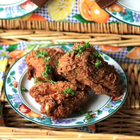 Picnic Basket Buttermilk Fried Chicken on a flower plate 