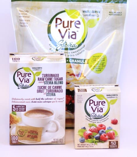 Pure Via Stevia packages of various sizes