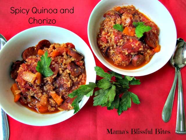 Spicy Quinoa and Chorizo in 2 bowls on a red table cloth