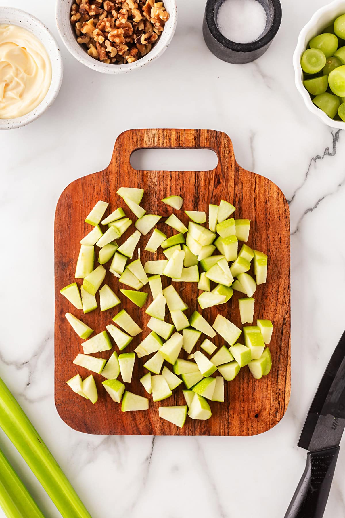 This classic salad has been enjoyed for at least 100 years. Waldorf Salad is simple to make with only 5 main ingredients and 5 minutes of your time. It is a favorite of mine for lunch. Chopped apple.