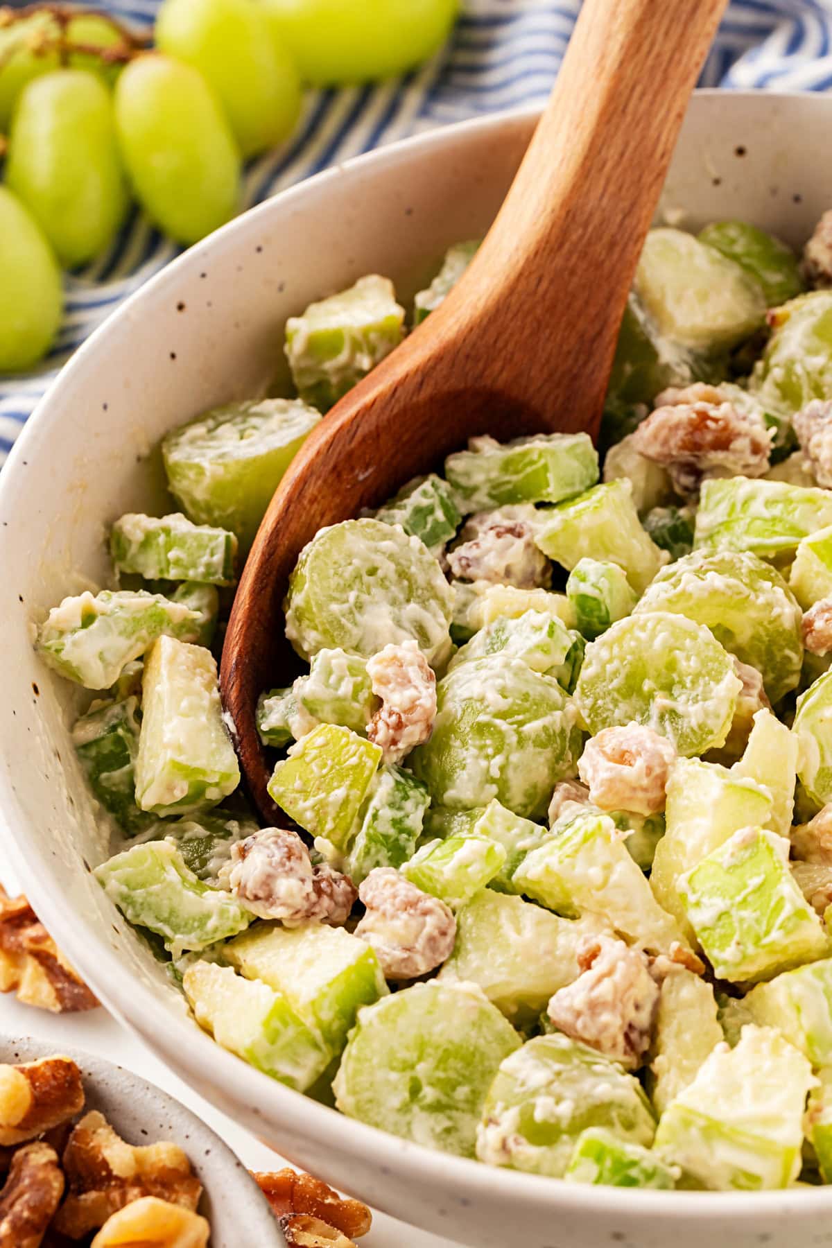 This classic salad has been enjoyed for at least 100 years. Waldorf Salad is simple to make with only 5 main ingredients and 5 minutes of your time. It is a favorite of mine for lunch. Waldorf Salad Recipe with a spoon for serving.