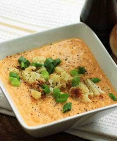 Curried Cauliflower Soup in a square bowl