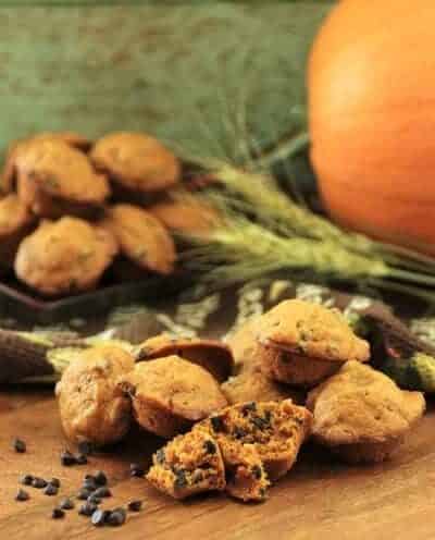 Mini Pumpkin Chocolate Chip Muffins pied omn a wooden board with more muffins on a plate behind