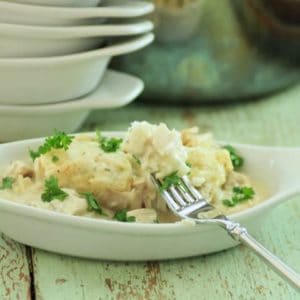 Quick Chicken and Dumplings in an oval serving dish and fork