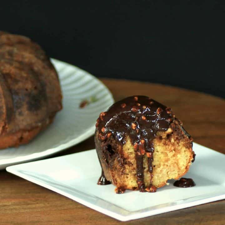 Snickers Bundt with Chocolate Caramel Peanut Sauce for #BundtaMonth