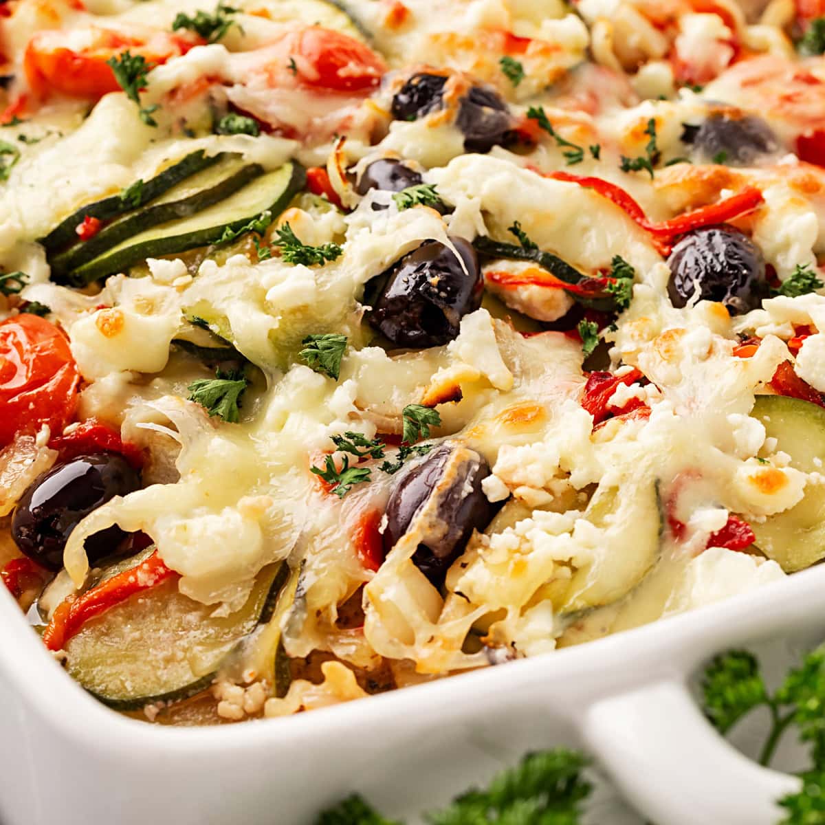 Close-up of a Mediterranean Chicken Bake. 