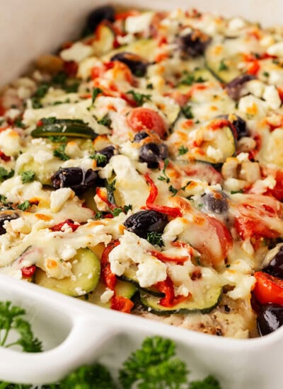 Mediterranean Chicken Bake in a casserole.