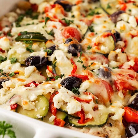 Mediterranean Chicken Bake in a casserole.