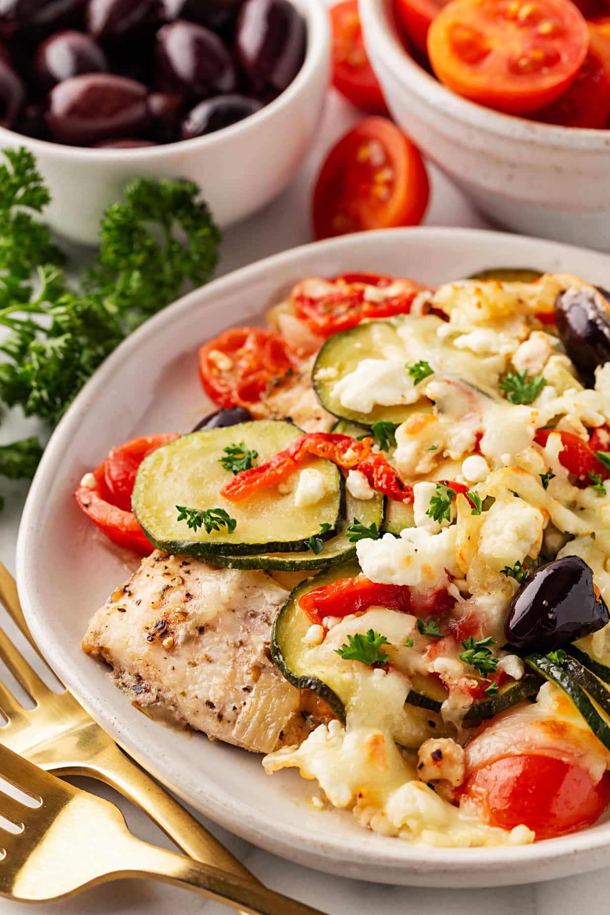 Mediterranean Chicken Bake on a plate. 