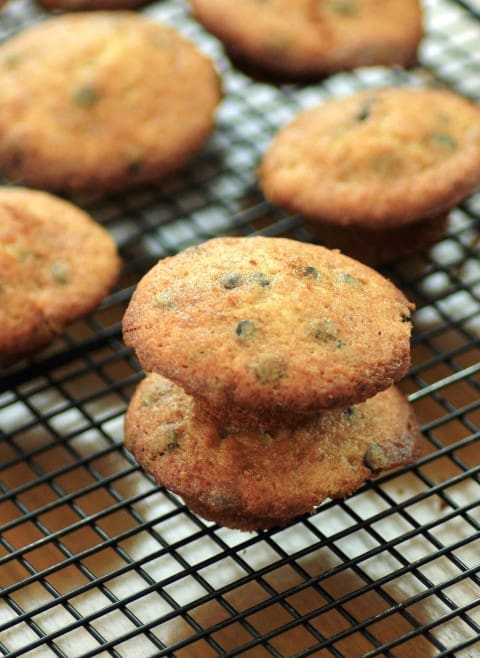 Mini Banana Chocolate Chip Muffins on a cooling rack