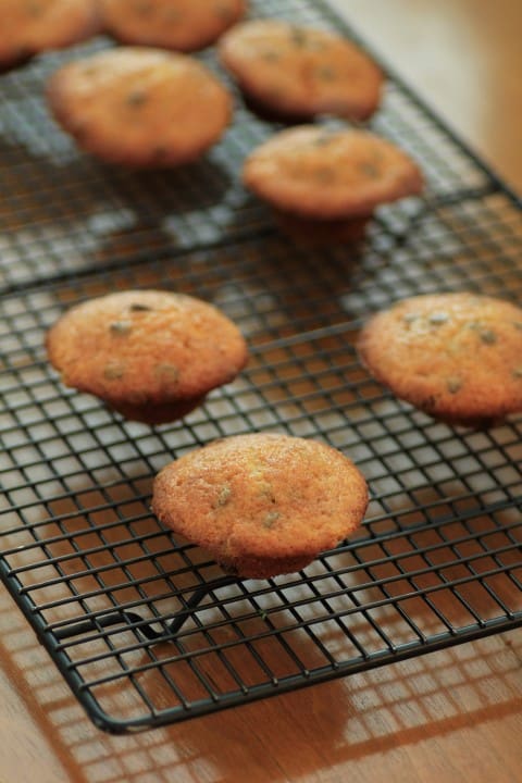Mini Banana Chocolate Chip Muffins on a wire cooling rack