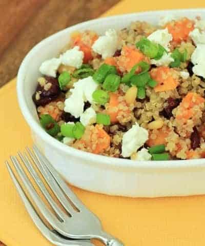 Sweet potato and quinoa salad on a oval white serving dish