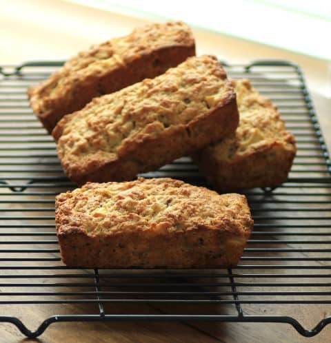 Apple Pecan Buttermilk Bread mini loves stack on a cooling rack