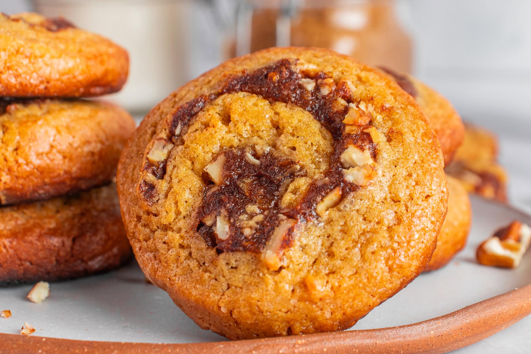 Date pinwheel cookies on a plate.