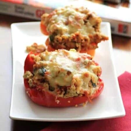Quinoa Stuffed Peppers on a rectangle white plate