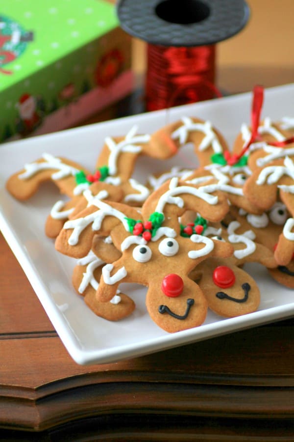 Reindeer cookies on a white platter