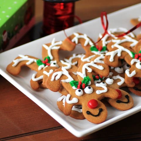 Reindeer Cookies on a white serving platter