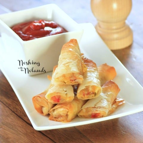 Italian Spring Rolls stacked on a white plate with a dipping sauce in a white bowl