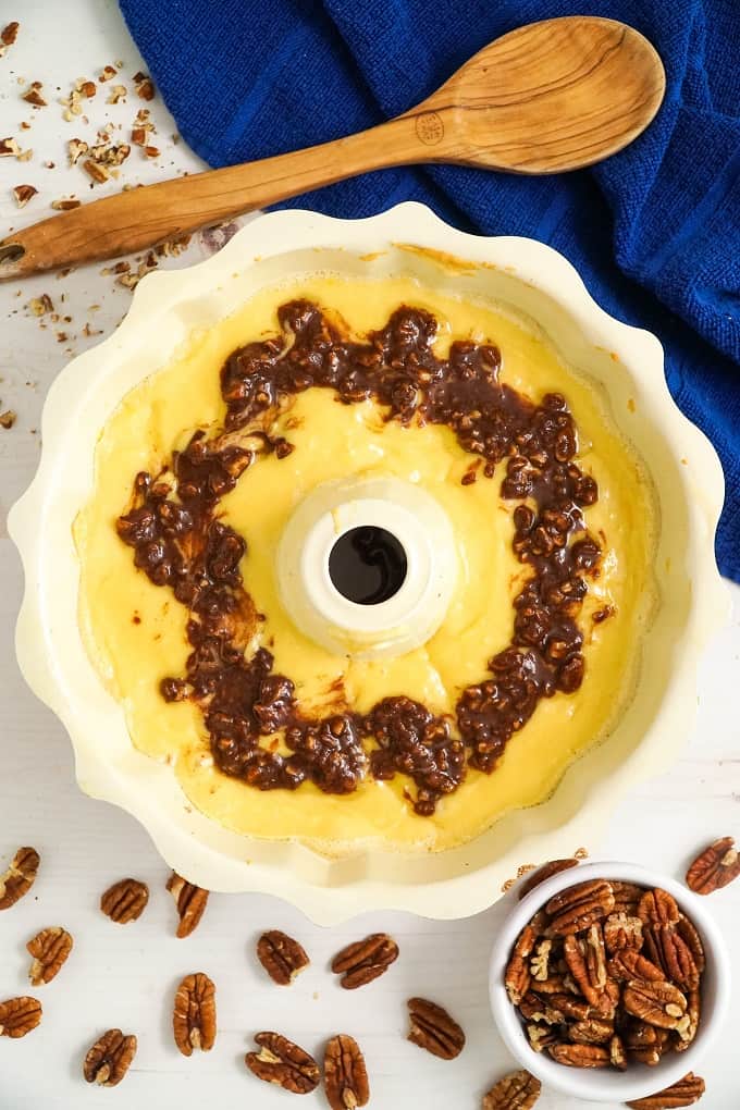 Adding the swirl to the bundt cake