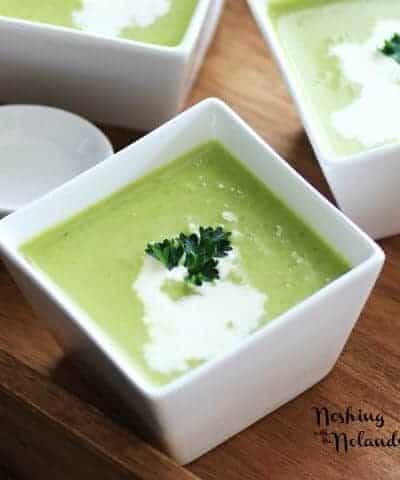 Spring pea soup in a white bowl