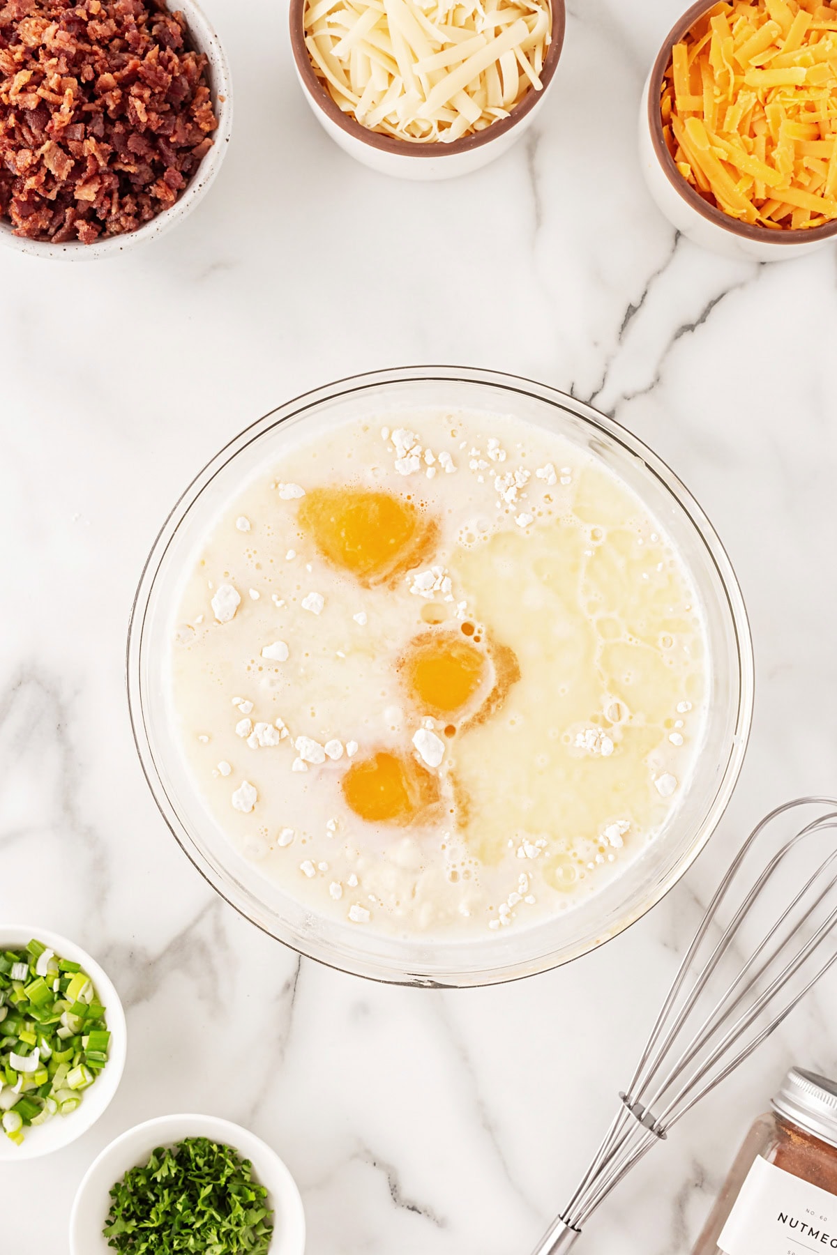 This recipe for Crepes Lorraine is a time-honored treasure that I have been making for over 40 years. Friends and family love this recipe, and I am thrilled to offer it to you also. Crepe batter before mixing.